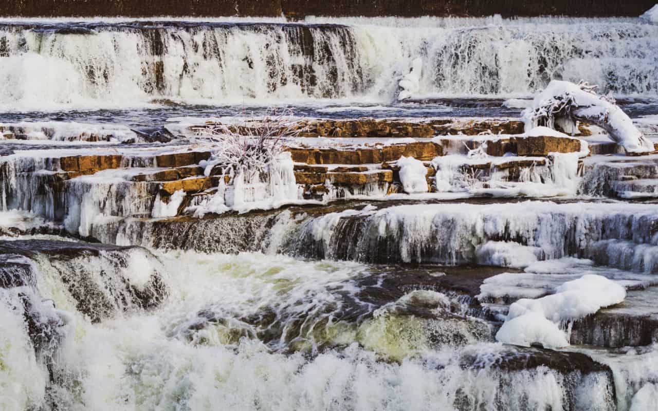 winter view of a waterfall in Almonte, Ontario