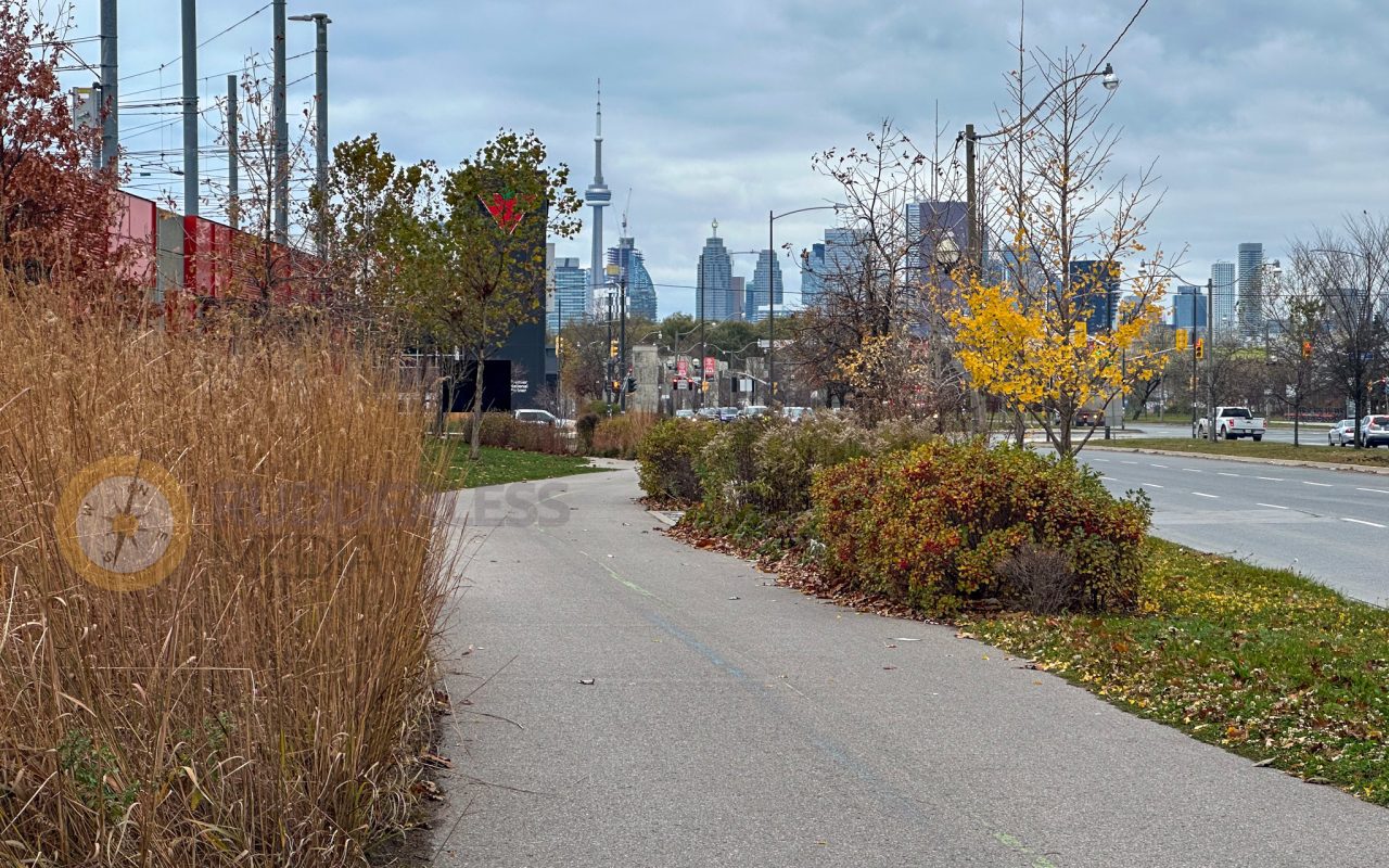 a path with trees and plants in front of a city - biking trails toronto