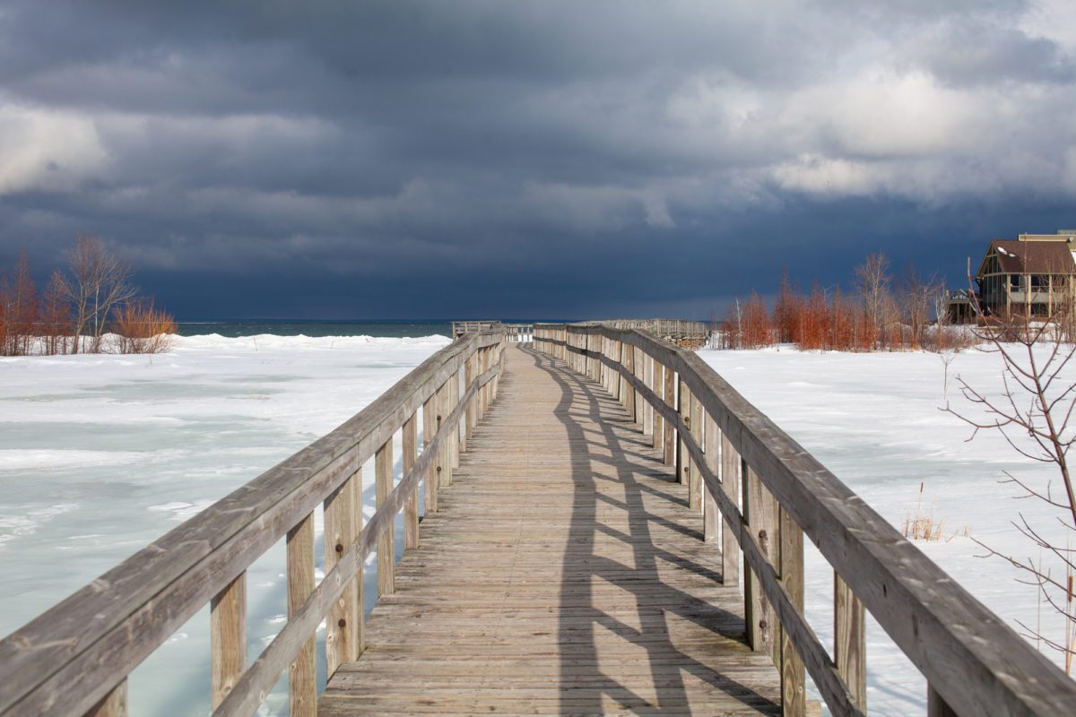 a large boardwalk in the winter | bruce trail collingwood