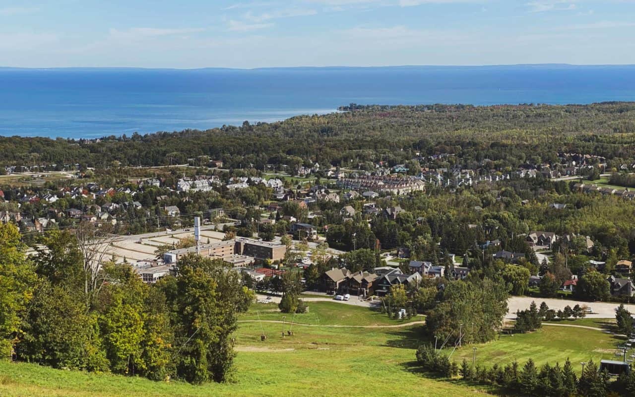 bird's eye view of a small town with lots of trees and a lake in the distance | day trips from toronto
