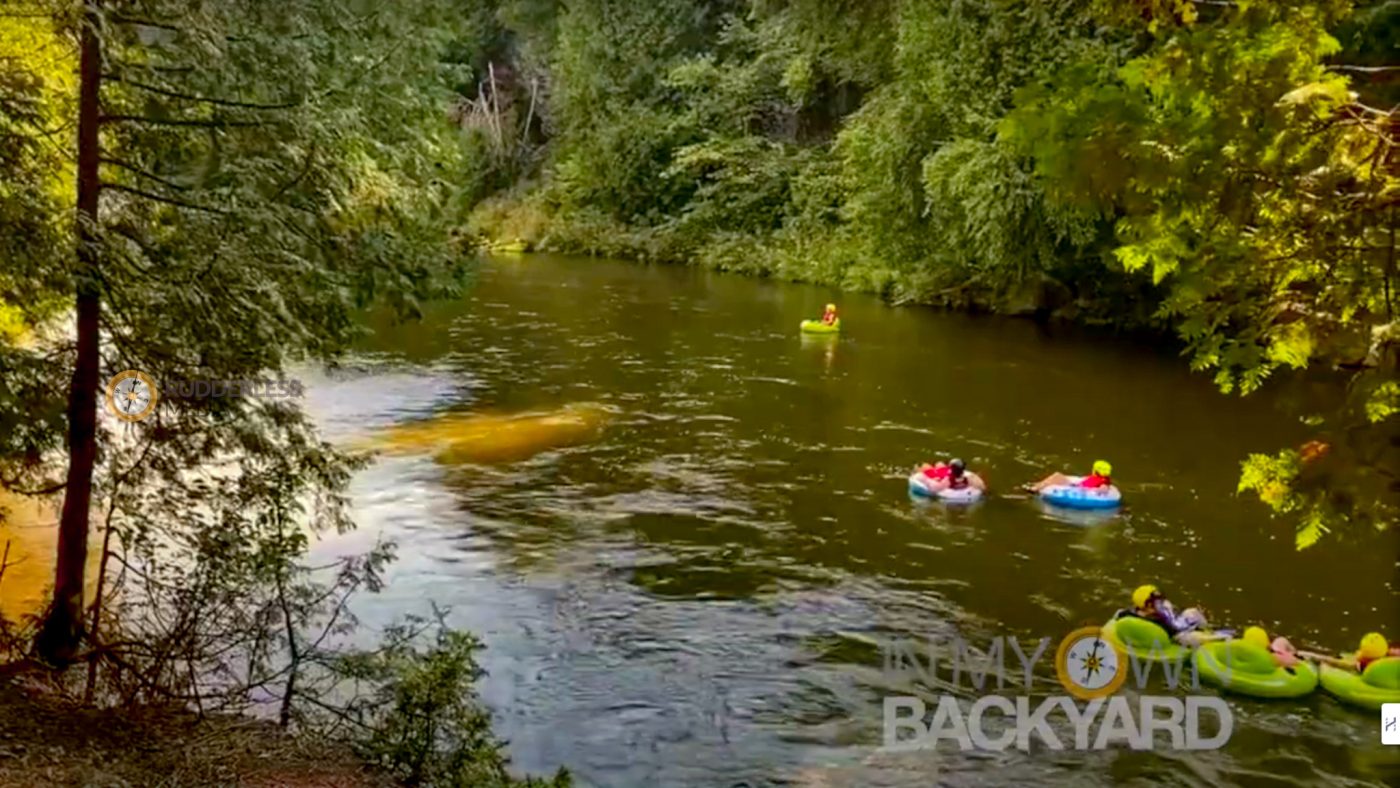 elora gorge tubing - people in rafts in a river