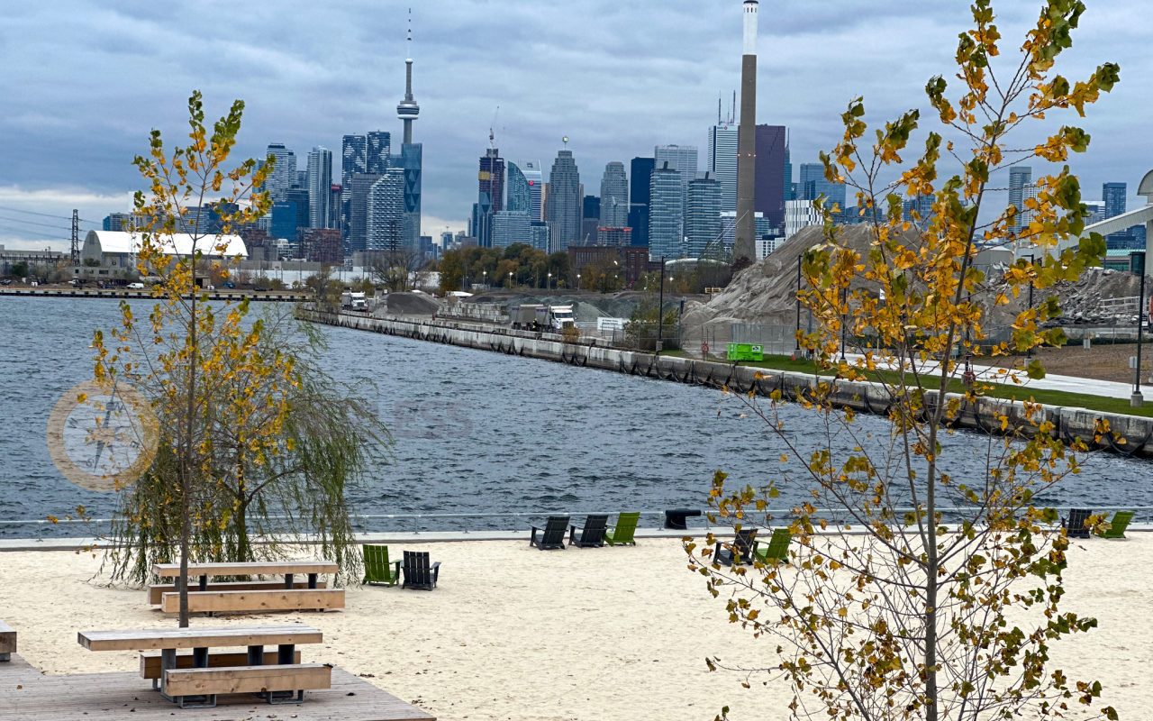 a beach with a city skyline in the background
