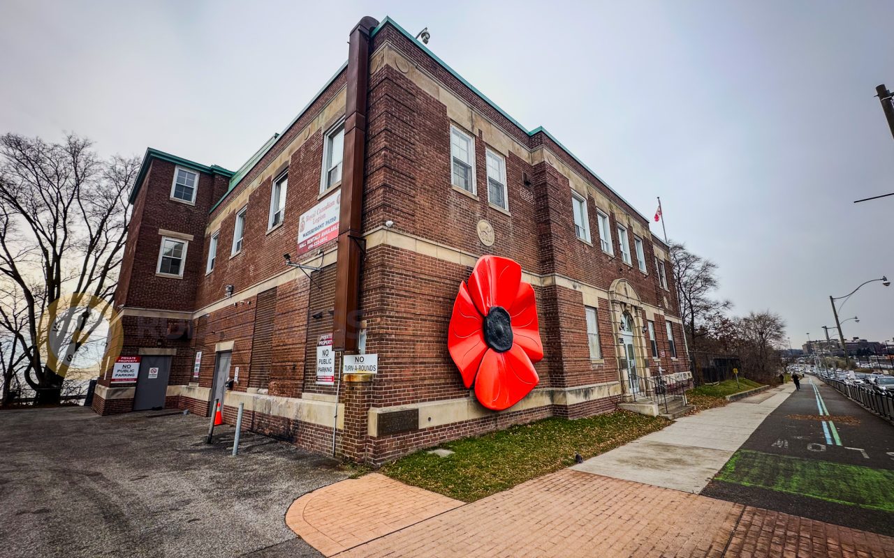a large red flower on a brick building