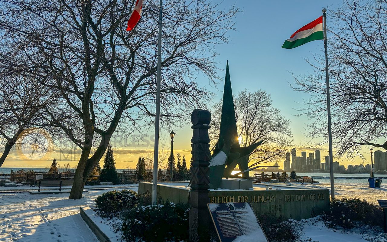 a flag pole and a statue in the snow