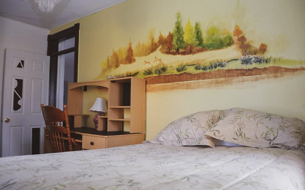 picture of a bed, desk, and painted mural on the wall behind them