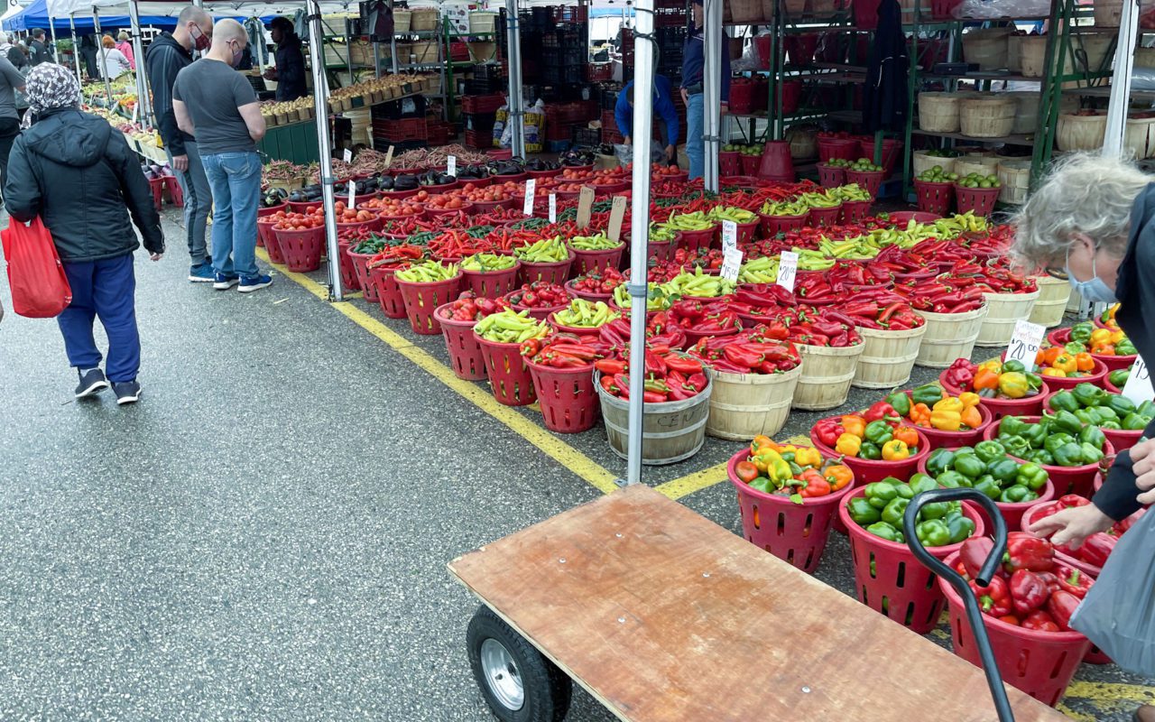 People shopping at a farmers' market with baskets of produce on display | st jacobs ont