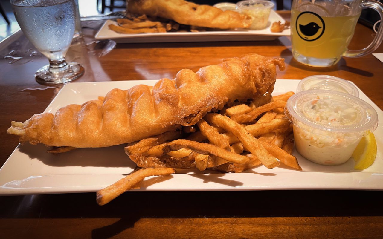Fish and chips on a rectangular white plate | things to do in st jacobs ontario