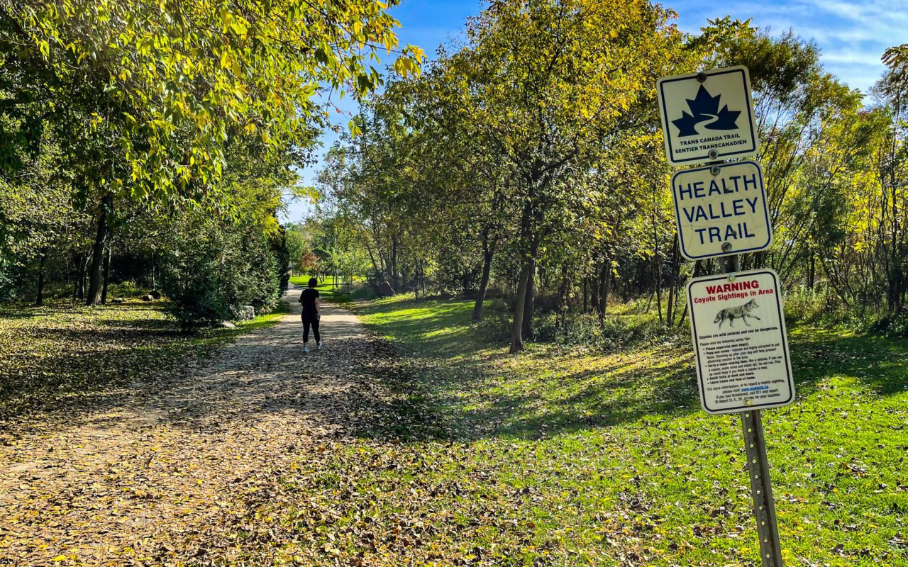 view of the Health Valley Trail with trail signs | what to do in st jacobs